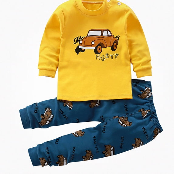 Crunowin Boys and Girls Cotton Outfit Sets Lightweight T-Shirt Graphic Long Sleeve Round Neck Top and Elastic Waist Long Pants Yellow Size 4T