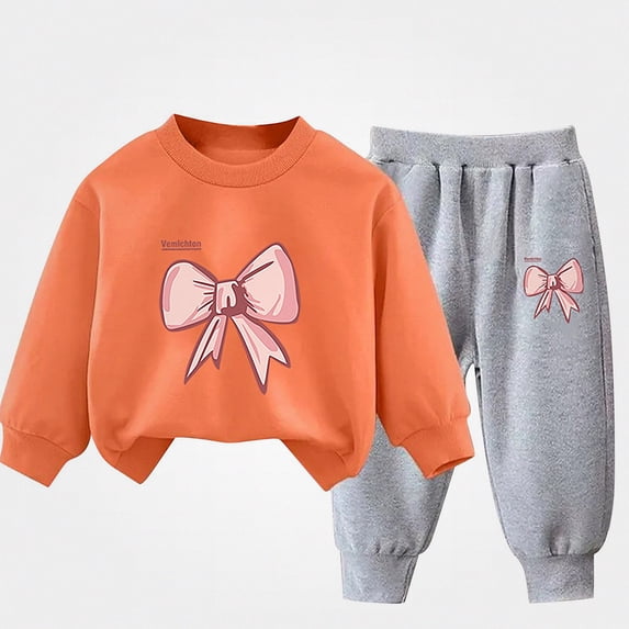 Crunowin Boys and Girls Outfit Sets Lightweight Bow Motif Long Sleeve Hooded Top and Elastic Waist Long Pants Orange Size 3T