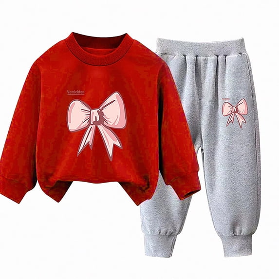 Crunowin Boys and Girls Outfit Sets Lightweight Bow Motif Long Sleeve Hooded Top and Elastic Waist Long Pants Red Size 8
