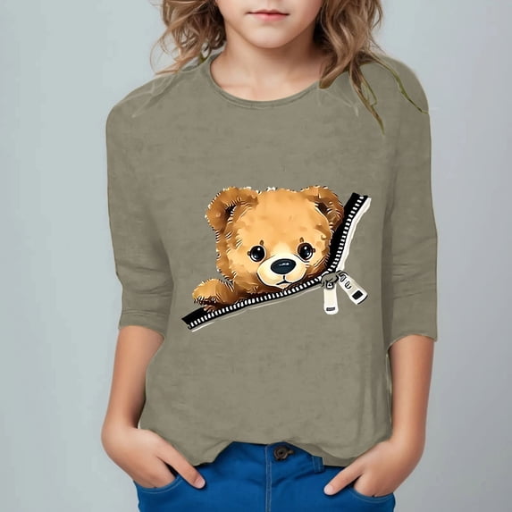 Crunowin Boys and Girls Round Neck T-Shirt 3/4 Sleeve Bear Print Casual Style Kids Everyday Top Khaki Size 9