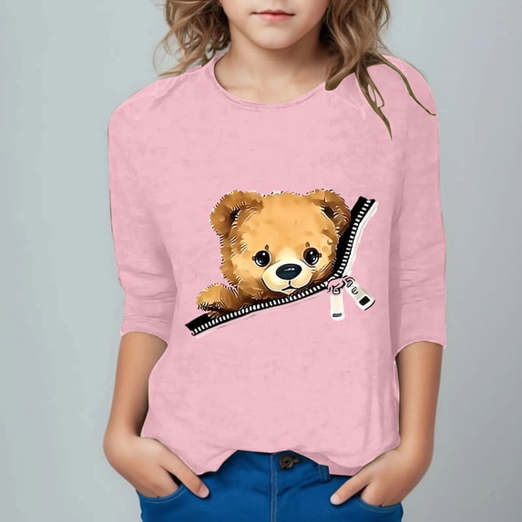 Crunowin Boys and Girls Round Neck T-Shirt 3/4 Sleeve Bear Print Casual Style Kids Everyday Top Pink Size 11