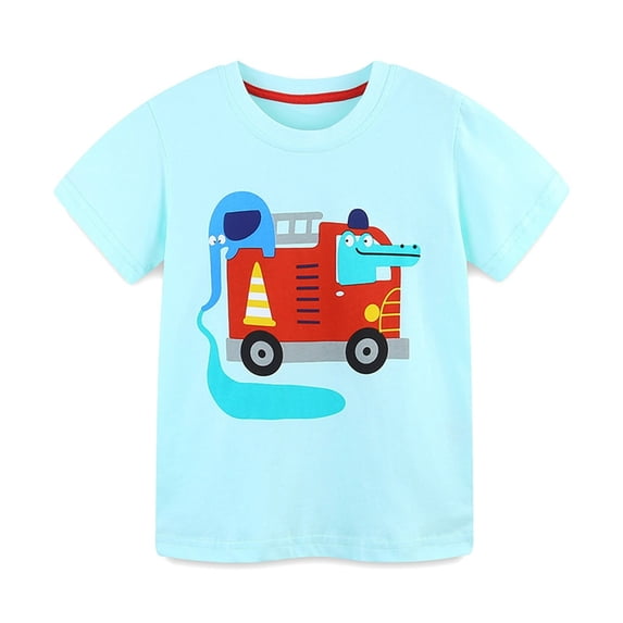 Crunowin Boys and Girls Short Sleeve T-Shirt Round Neck Car Print Summer Lightweight Casual Wear Top Light Blue Size 5T