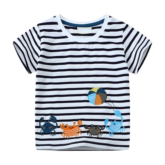 Crunowin Boys and Girls Short Sleeve T-Shirt Round Neck Cartoon Animal Embroidery Print Striped Youth Trendy Casual Lightweight Top Black Size 3T