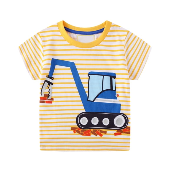 Crunowin Boys and Girls Short Sleeve T-Shirt Round Neck Cartoon Car Print Striped Trendy Cute Graphic Summer Lightweight Top Yellow Size 6