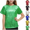 thumbnail image 1 of Crunowin Boys and Girls Summer T-Shirts Stretchy Shiny Stage Performance Short Sleeve, Round Neck Sparkly Kids Shirt for Dance Green Size 4T, 1 of 5