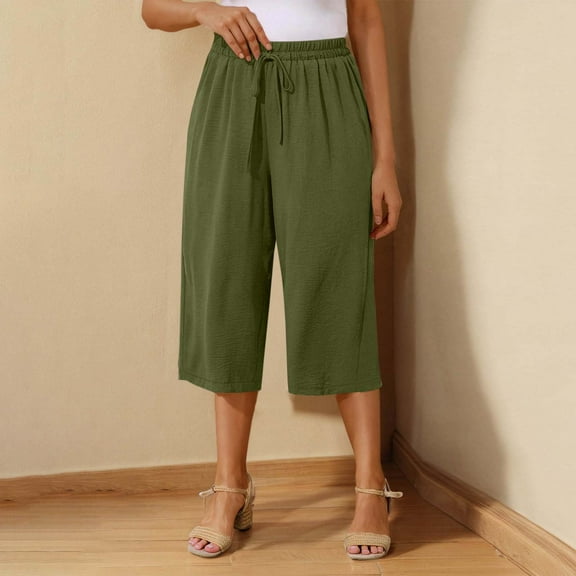 Crunowin Capri Pants for Women, Summer Linen Pants Loose Fit Beach Pants for Vacation Green 2XL