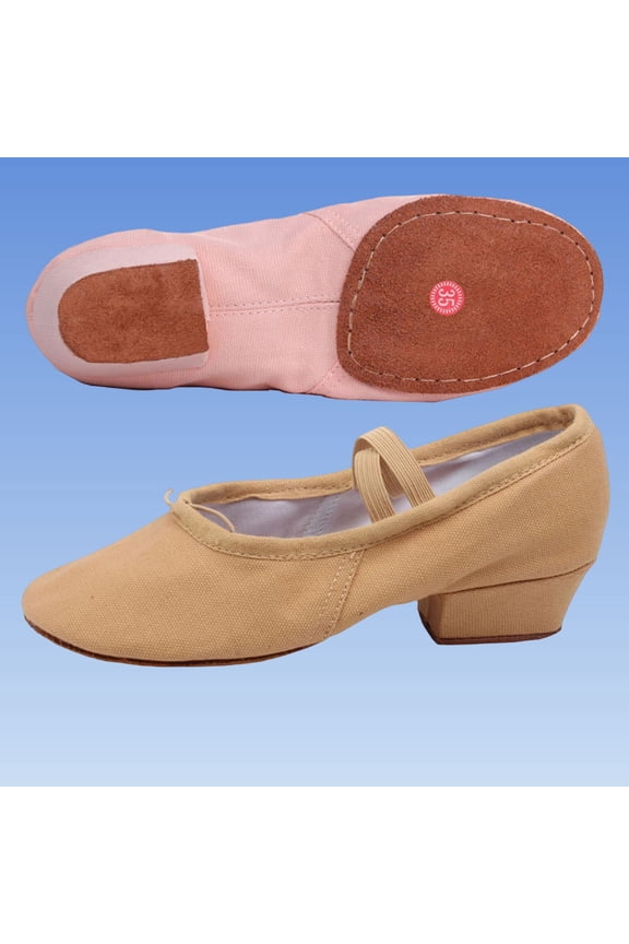 Children'S Dance Shoes, Spring/Summer Canvas Material With Heel Practice Dance Shoes Khaki