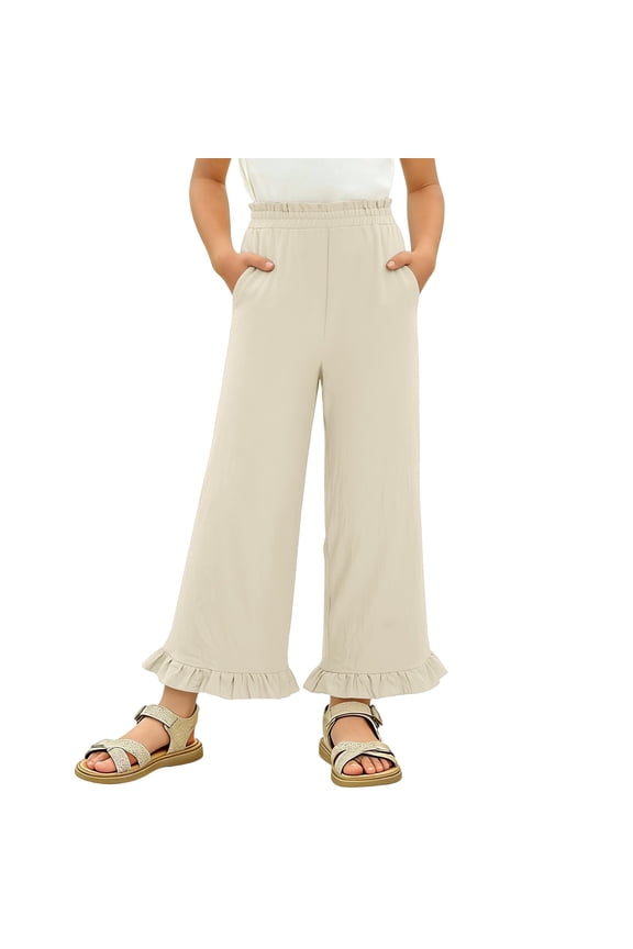 Cotton Solid Pants For Girls, Summer Fashion Comfort Personalized Style Youth Casual Long Pants Beige 5 Years
