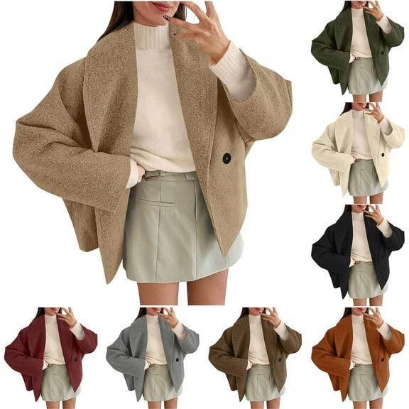 Crunowin Cropped Pea Coats for Women, Oversized Wool Blend Short Jackets Lapel Fall Winter Outerwear Outfits Khaki M