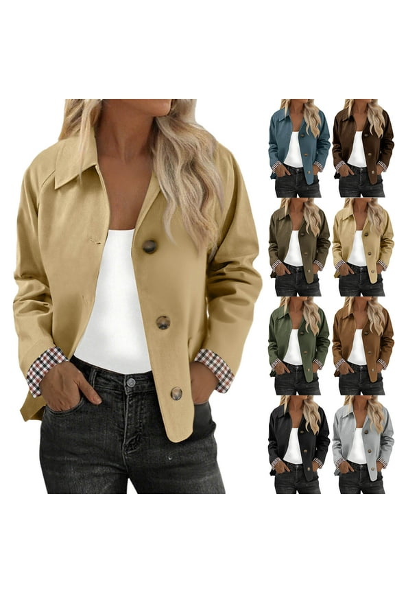 Cropped Trench Coat for Women, Collared Oversized Casual Buttoned Jackets with Checkered Lining Brown S