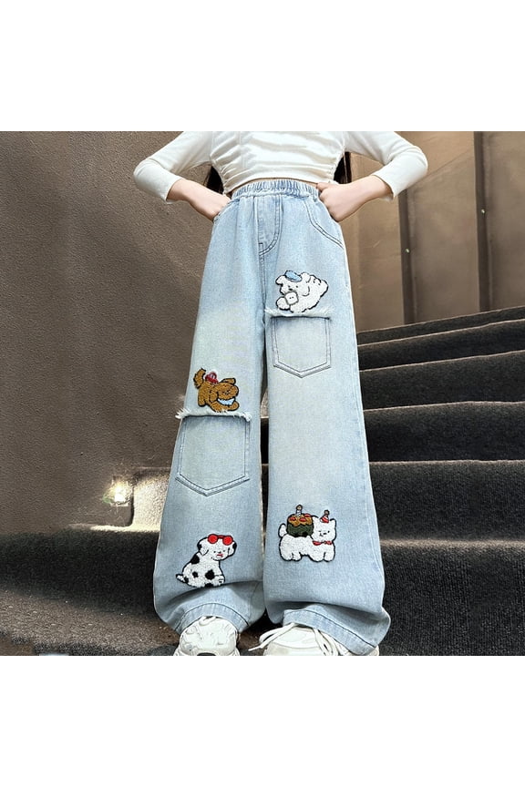 Denim Pants For Girls, Solid Color Towel Embroidery Pocket Design Summer Sporty Jeans Light Blue 14-15Years