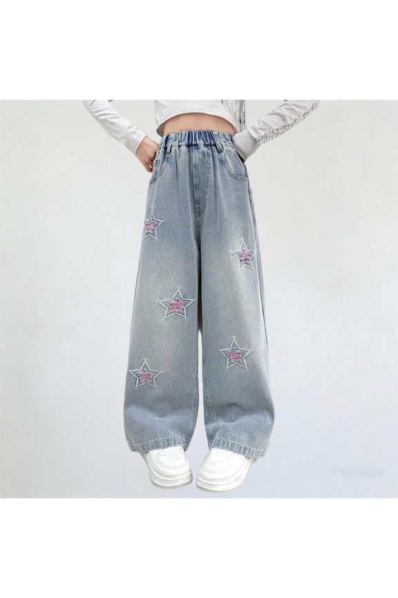 Denim Pants For Girls, Straight Cut Elastic Waist Design Everyday Casual All-Season Comfort Jeans Blue 5-6 Years