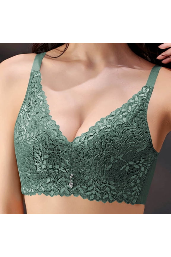 Embroidery Bra for Women and Senior, Adjustable Strap Lace Bralette Breathable Wirefree Bra Green 40/90C