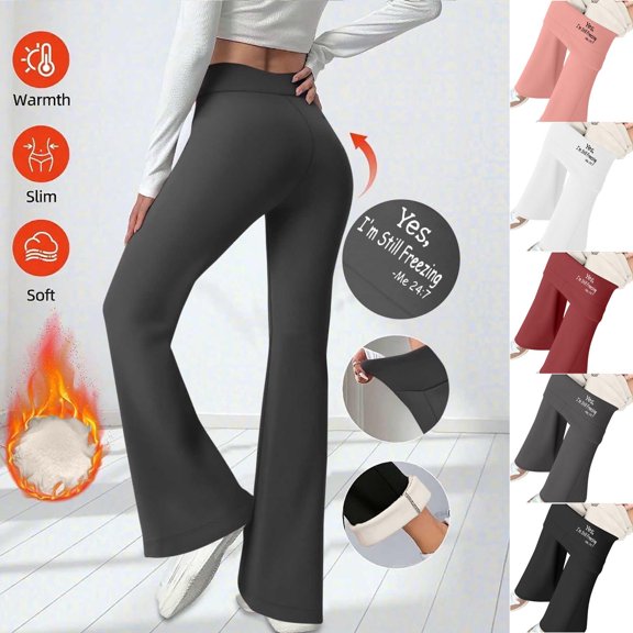 Crunowin Fleece Lined Yoga Pants for Women Letter Print, Fall Winter High Waist Warm Flared Leggings White 2XL