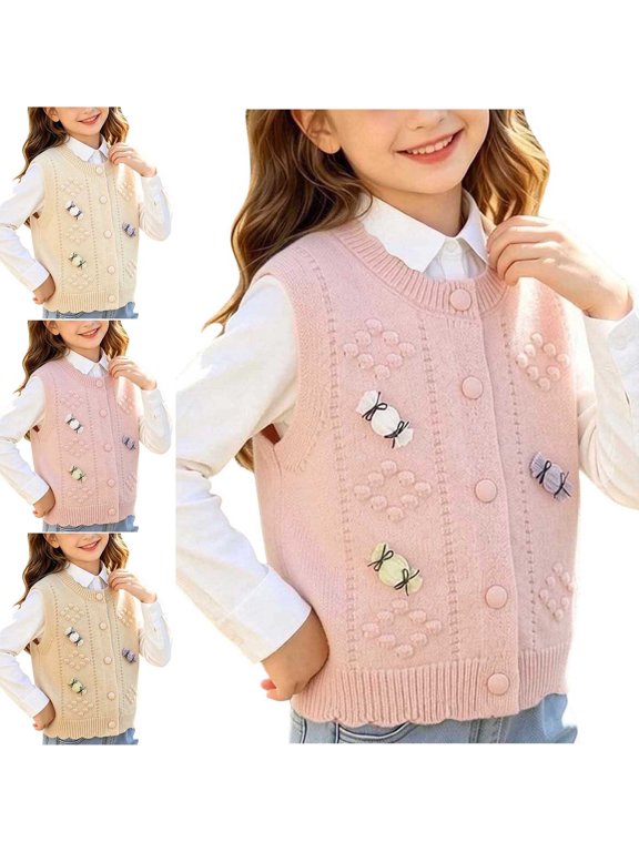Girls 3D Candy Decor Vest Crew Neck Knit Fall Winter Kids Cozy Lightweight Vests Yellow Size 2T