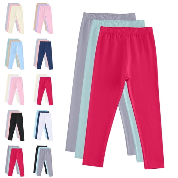 Crunowin Girls 3PC Cotton Leggings, Elastic Waist Stretchy Slim Kids Sporty Pants Khaki 5-6 T