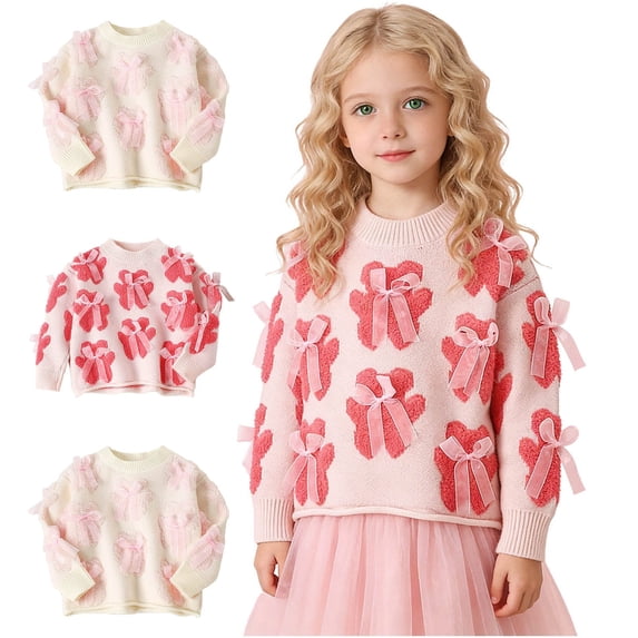 Crunowin Girls Bow Knit Sweater Crew Neck Long Sleeve Fleece Lined Bow Accent Winter Comfort Tops Red Size 5T