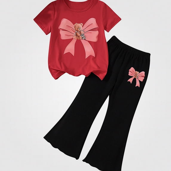 Crunowin Girls Boys Bear Print Round Neck Shirt And Elastic Waist Pants 2 Piece Casual Comfortable Outfit Set Red Size 6