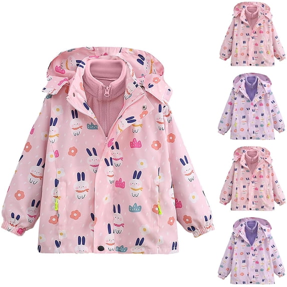 Crunowin Girls Bunny Print Hooded Jackets, Fleece Lined Zipper Waterproof Windproof Kids Sporty Outerwear Pink 5T