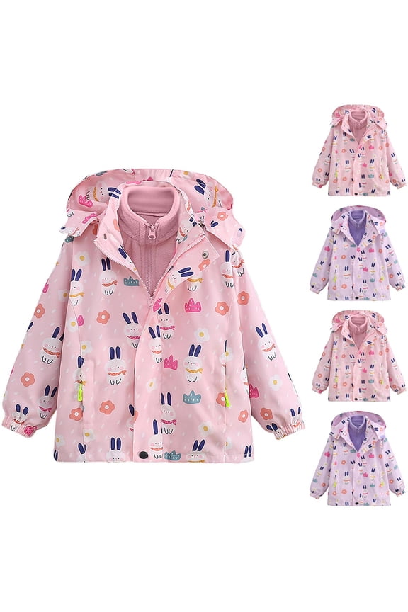 Girls Bunny Print Hooded Jackets, Waterproof Windproof Zipper Fleece Lined Kids Sporty Outerwear Purple 14