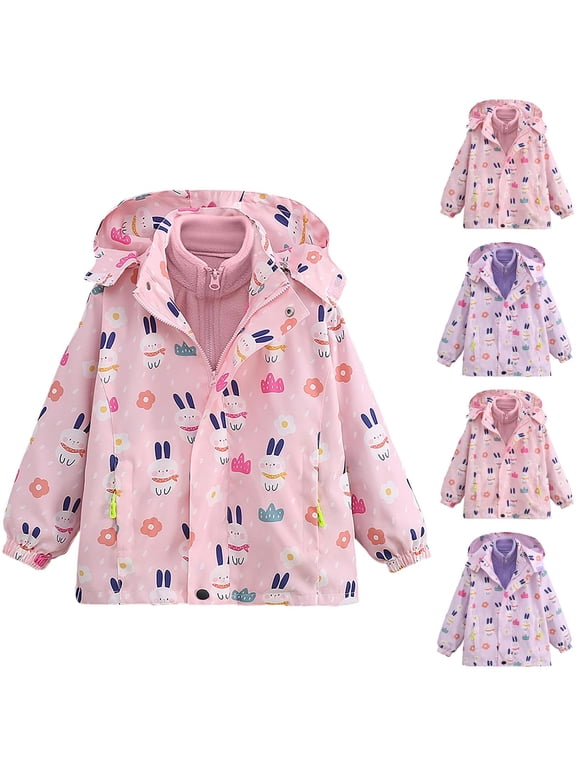 Girls Bunny Print Hooded Jackets, Zipper Waterproof Windproof Fleece Lined Kids Sporty Outerwear Purple 12