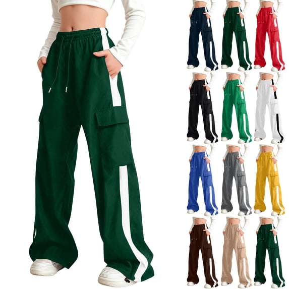 Crunowin Girls Cargo Pants, Elastic Waist Wide Leg Spring Summer Kids Back to School Pants Navy 11/12
