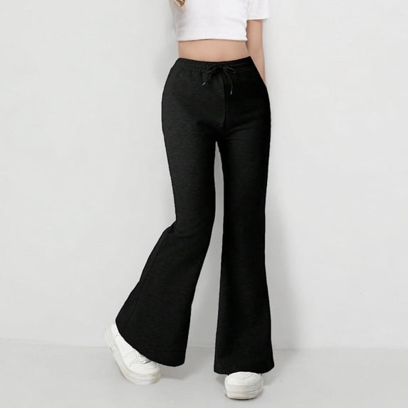 Crunowin Girls Cargo Pants Flared Bell Bottom Design Elastic Waist Lightweight Side Pockets Utility Trendy Casual Pants Black Size 15