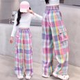 thumbnail image 1 of Crunowin Girls Cargo Pants, Loose Straight Leg High Waist Plaid Comfort Pants Size 6, 1 of 8