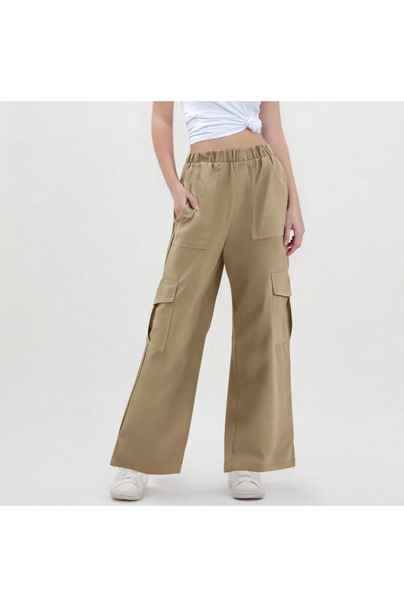 Girls Cargo Pants Solid Color Elastic Waist Side Pockets Wide Leg Trendy Pants Khaki Size 8