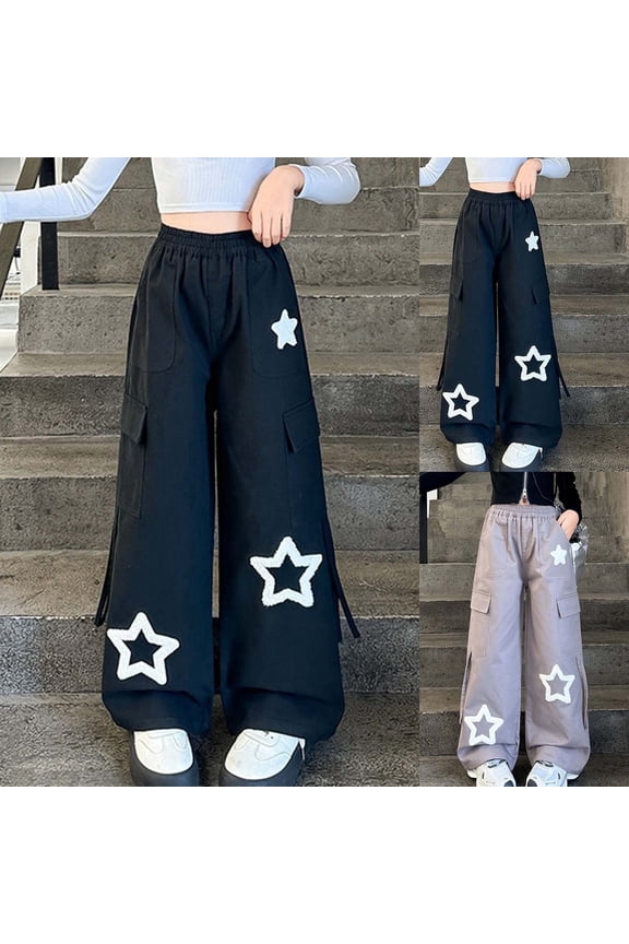 Girls Cargo Pants, Star Patch Multi Pockets Elastic Waist Wide Leg Casual Pants Size 4T