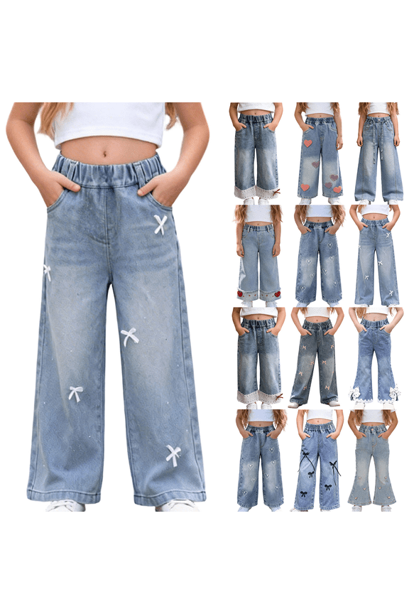 Girls Casual Jeans Embroidery Bow Lightweight With Pockets Back To School Denim Pants Blue Size 3 Years