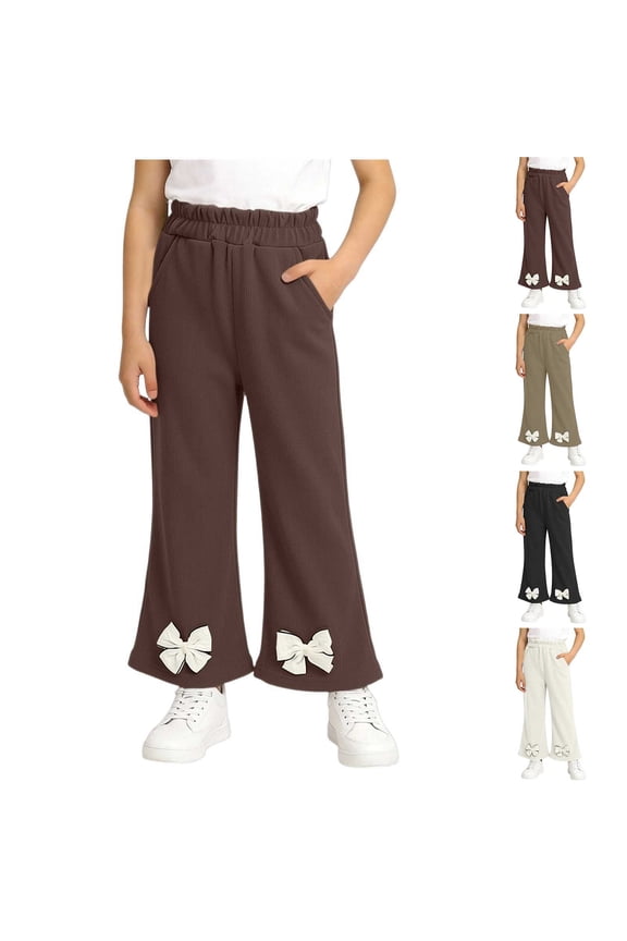 Girls Casual Pants Bow Design Flared Leg Style With Side Pockets Comfortable Long Pants Black Size 9-10 Years