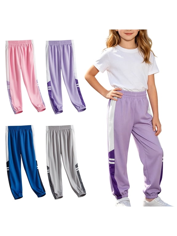 Girls Color Block Cotton Pants, Patchwork Sporty Elastic Waist Loose Kids Trendy Everyday Trousers Purple 6 T