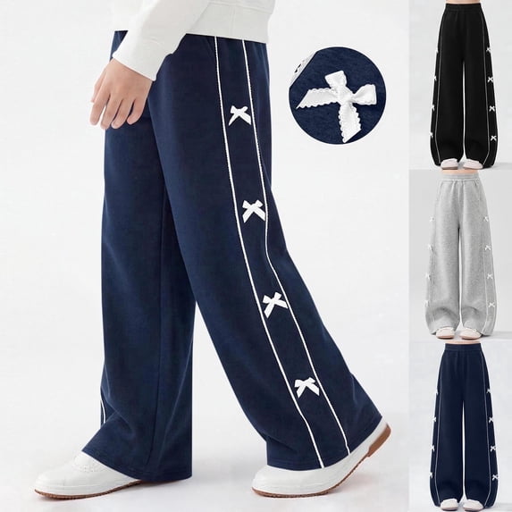 Crunowin Girls Cotton Pants, Wide Leg Elastic Waist With 3D Bow Loose Casual Pants Size 15