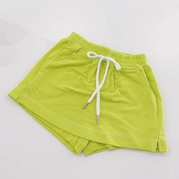 Crunowin Girls Cotton Shorts With Liner Anti-Slip Design Elastic Waist Drawstring Solid Color Summer Casual Pants Green Size 4 Years
