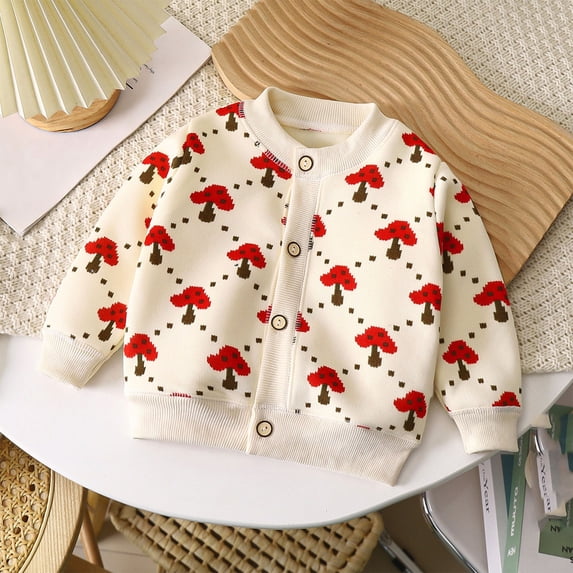 Crunowin Girls Cozy Cardigans Mushroom Print Round Neck Spring Fall Comfortable Casual Sweaters Beige Size 3 Years