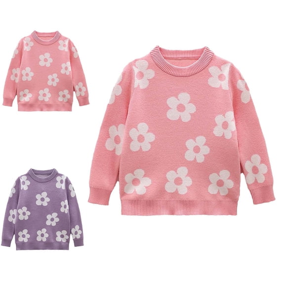 Crunowin Girls Crew Neck Sweater Fall Winter Floral Print Lightweight Long Sleeve Kids Comfort Tops Pink Size 3T