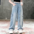 thumbnail image 1 of Crunowin Girls Denim Cargo Pants Mid Size Elastic Waist Wide Leg Workwear Denim Pant Style Fashionable Lightweight Jeans Blue Size 9 Years, 1 of 9