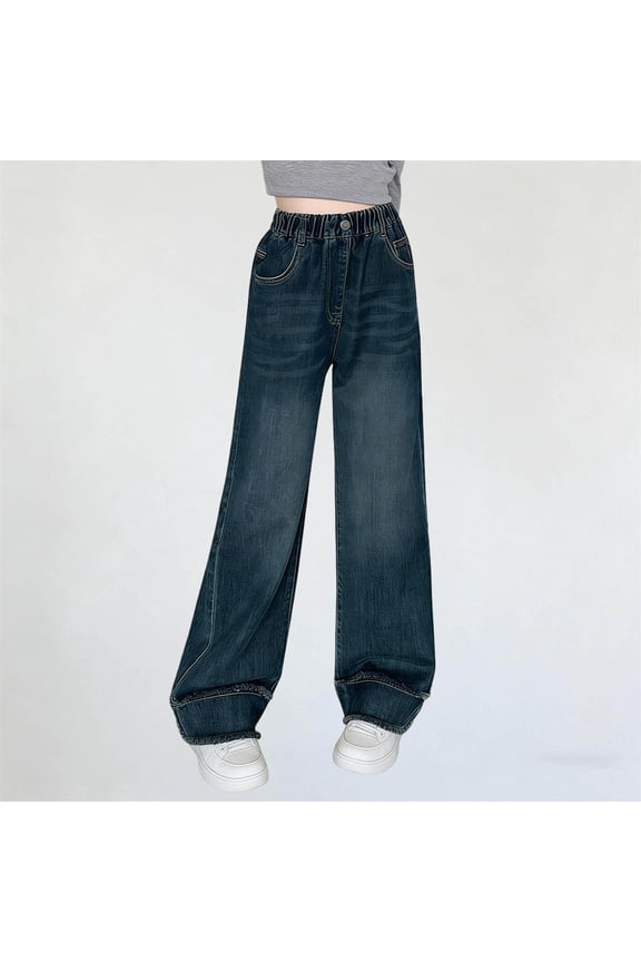 Girls Denim Jeans, Elastic Waist Straight Leg Design Spring Fall Style Loose Wide Leg Jeans Blue 12-13 Years