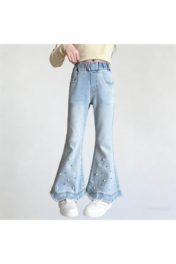 Girls Denim Jeans, Flared Leg Beaded Embellishment Spring Fall Style Loose Leg Jeans Blue 9-10 Years