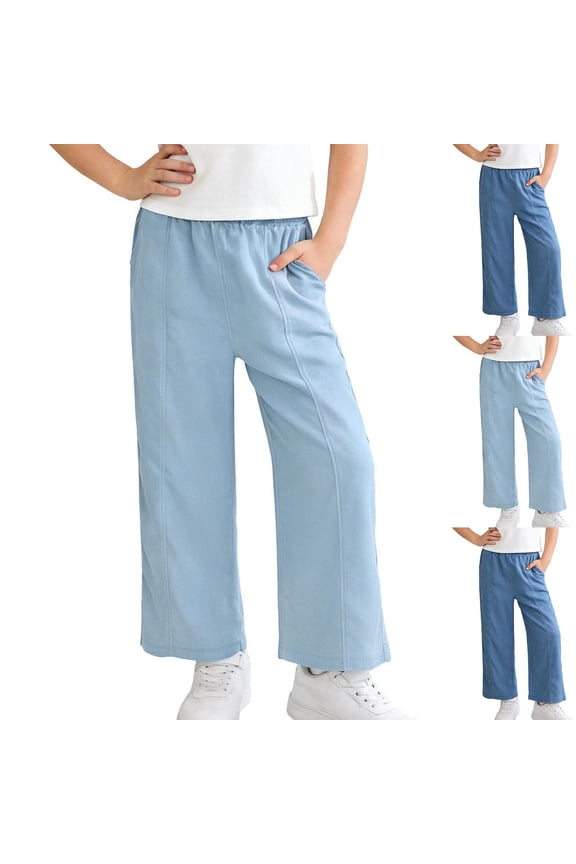Girls Denim Jeans Tencel Material Summer Lightweight Sporty Design Wide Leg Flared Style Denim Light Blue Size 11-12 Years