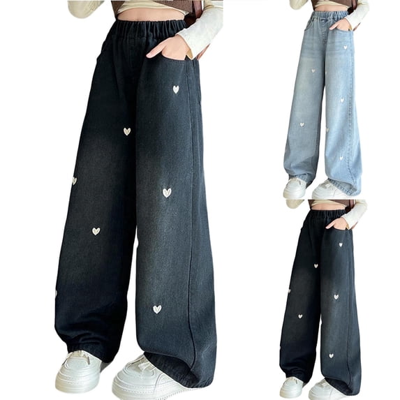 Crunowin Girls Denim Pants, Elastic Waist Loose Heart Embroidery Straight Wide Leg Jeans Size 7
