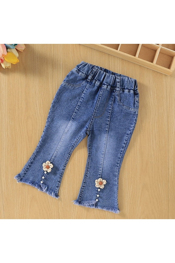 Girls Denim Pants Flared Wide Leg Sequin Bow Glam Detail Casual Jeans Beige Size 2T