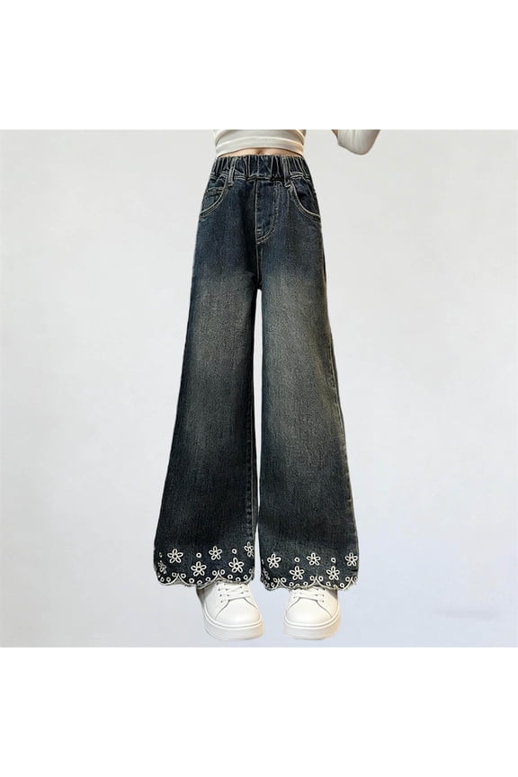 Girls Denim Pants, Straight Leg Design Spring Fall Style Elastic Waistband Loose Wide Leg Jeans Blue 14-15 Years