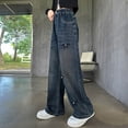 thumbnail image 1 of Crunowin Girls Denim Pants Straight Wide Leg Stretch Pearl Bow Casual Jeans Blue Size 7, 1 of 9