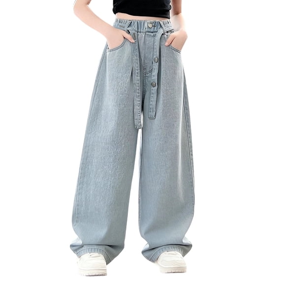 Crunowin Girls Denim Pants Summer Fashion High Waisted Curved Knife Design Teenagers Classic Style Jeans Blue Size 4 Years