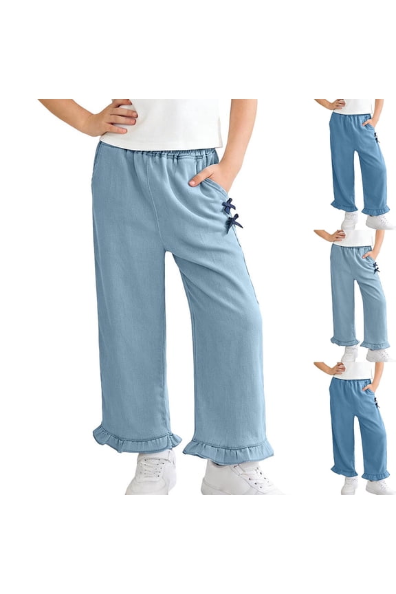 Girls Denim Pants Tencel Material Bow & Ruffle Design Wide Leg, Flared Style Summer Lightweight Jeans Light Blue Size 13-14 Years