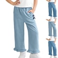 thumbnail image 1 of Crunowin Girls Denim Pants Tencel Material Bow & Ruffle Design Wide Leg, Flared Style Summer Lightweight Jeans Light Blue Size 7-8 Years, 1 of 7