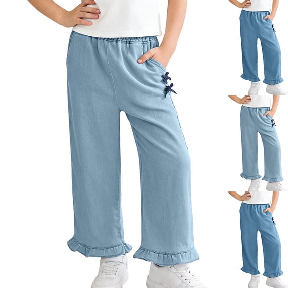 Crunowin Girls Denim Pants Tencel Material Bow & Ruffle Design Wide Leg, Flared Style Summer Lightweight Jeans Light Blue Size 7-8 Years