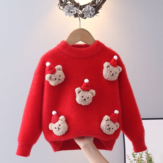 Crunowin Girls Fall Winter Knit Pullover Sweater Round Neck Bear Print Thick Warm Kids Casual Tops Red Size 8
